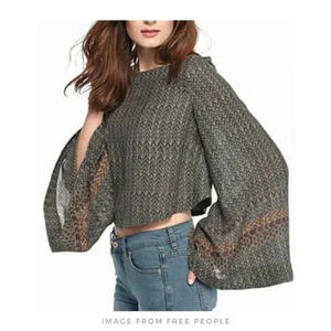 Free People Jade Green Stars Aligned Patterned Bell Sleeve Crop Blouse Top Size